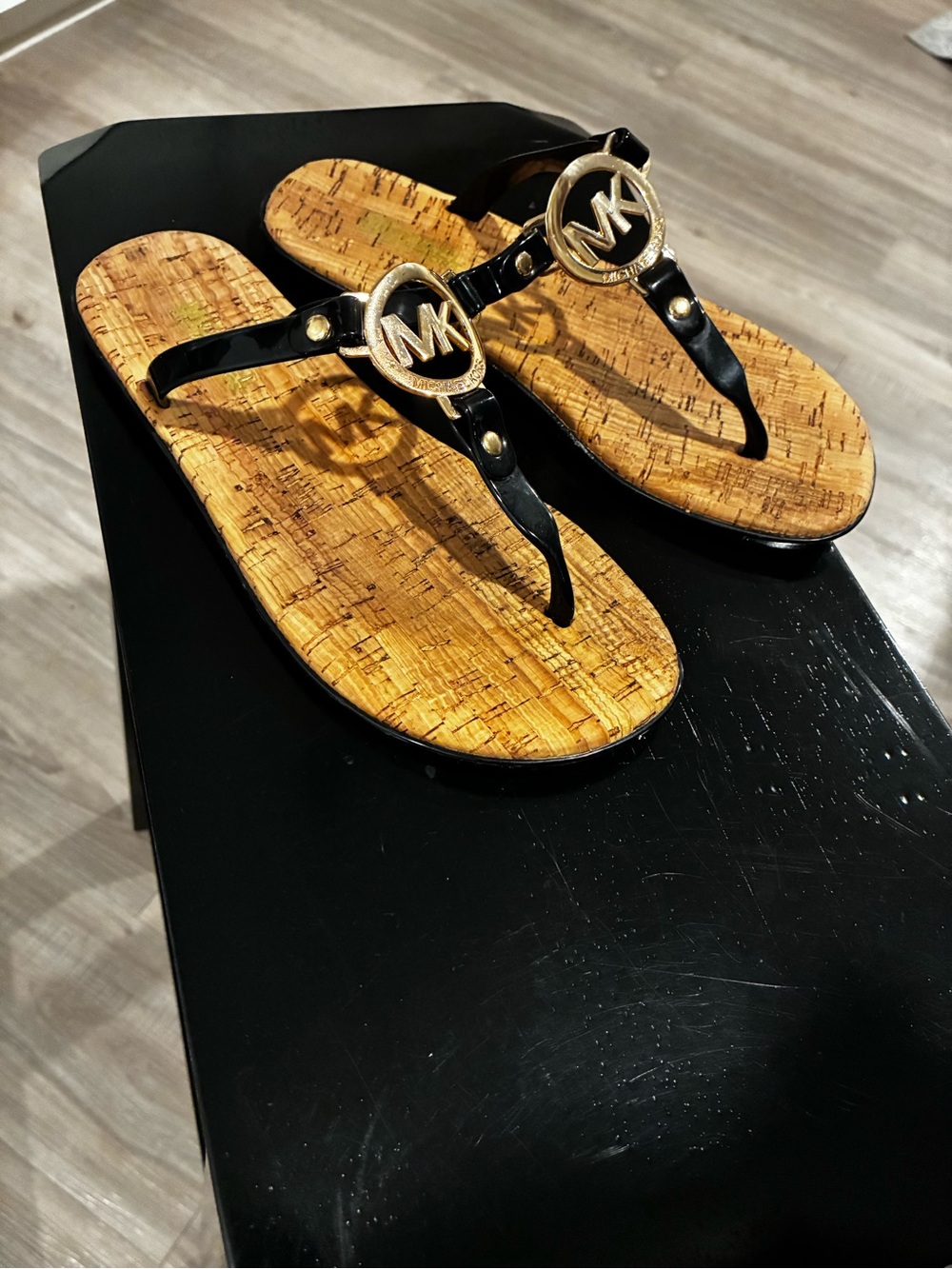 Michael Kors Black Patent Thong Sandals with Cork-Style Footbed